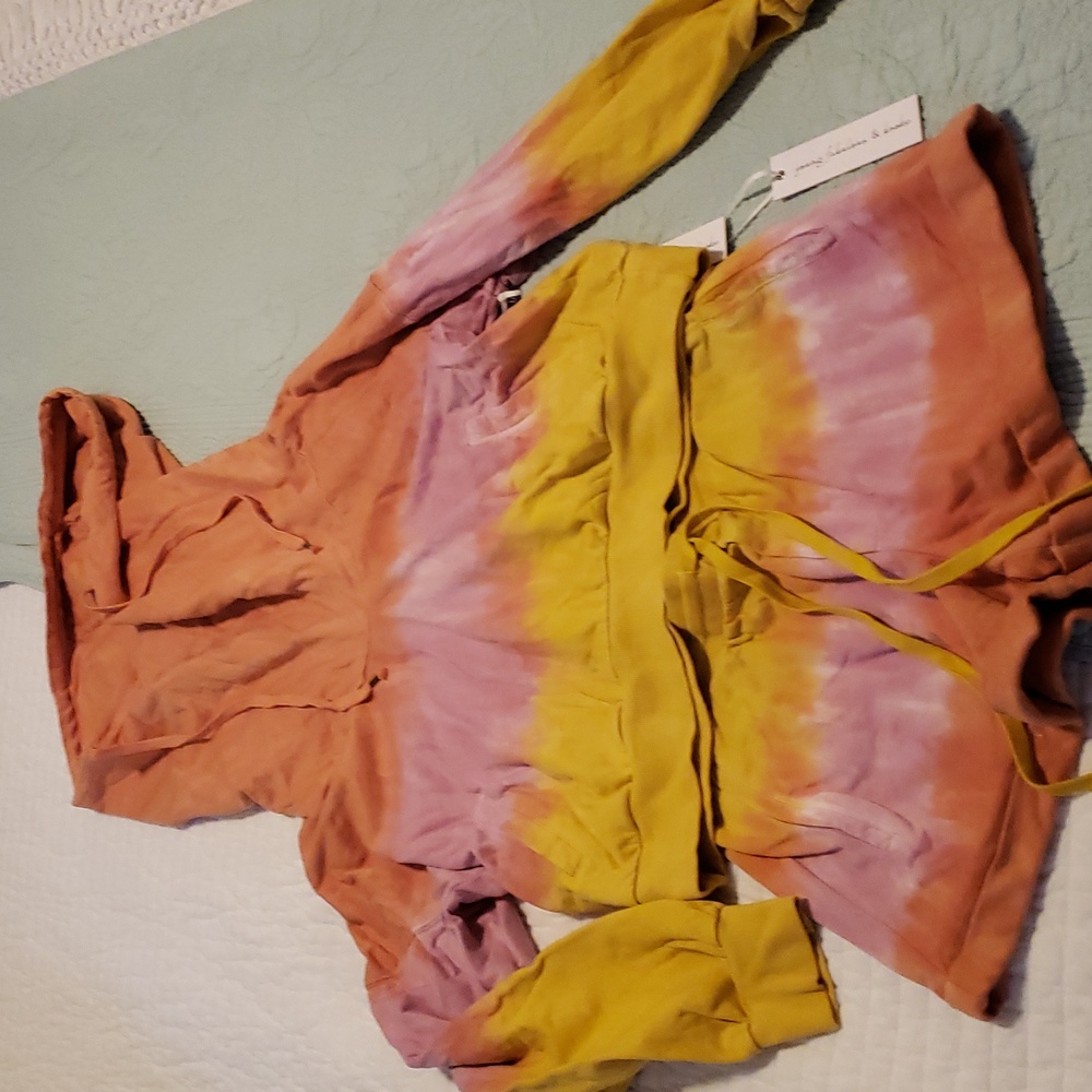 Tie-Dye Hooded Sweatshirt & Athletic Shorts Set - Pink, Yellow, Orange